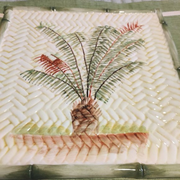 Style Eyes By Baum Bros 12" Palm Tree Square Serving Plate / Platter Bamboo Edge - Picture 4 of 9